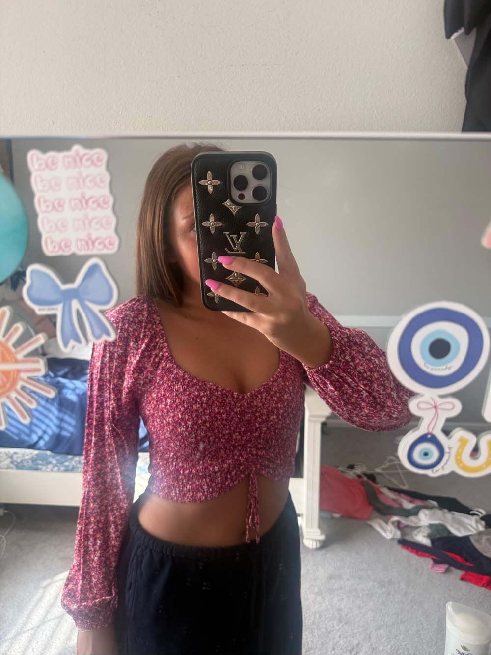 Dark pink Aeropostale floral tie puffy sleeve crop top
